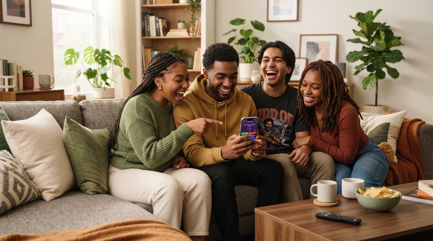 Friends laughing on a couch, one phone between them