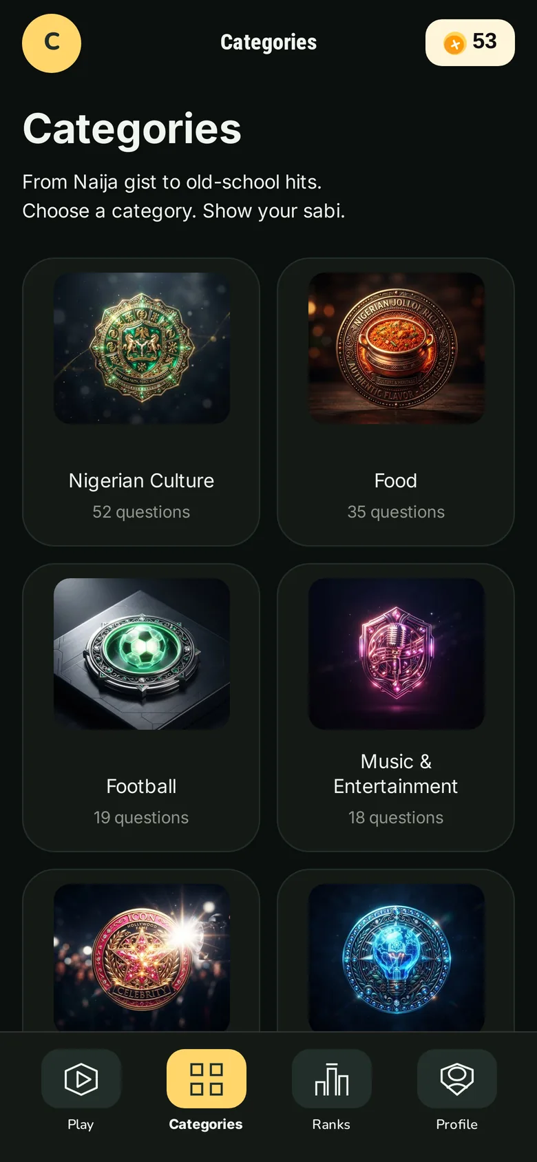 Categories screen